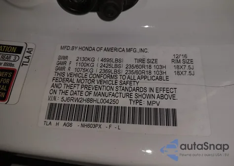 2017 Honda Cr-V Ex-L/Ex-L Navi from USA, damaged, VIN 5J6RW2H88HL004250